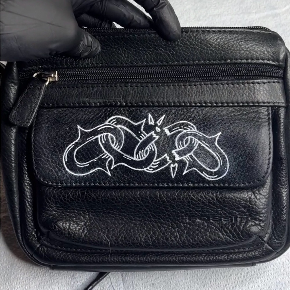 Tattooed Up-cycled Fossil Shoulder Bag with Front Flap